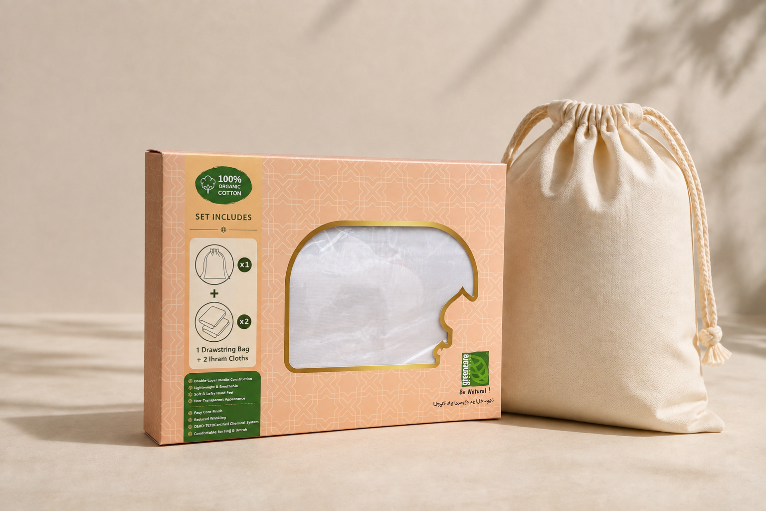 Green Care Organic Cotton Ihram retail box with reusable fabric travel bag