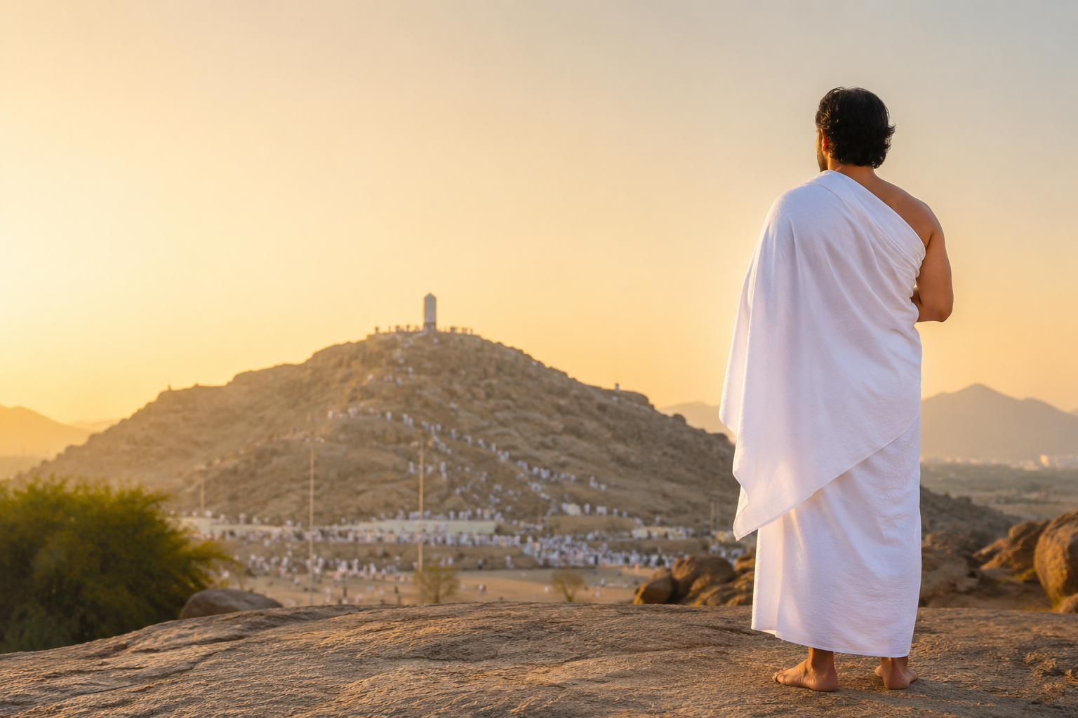 Pilgrim wearing Green Care organic cotton Ihram at Arafah / ผู้แสวงบุญสวมผ้าอิห์รอมออร์แกนิกคอตตอนของกรีนแคร์ ณ ทุ่งอะรอฟะฮ์