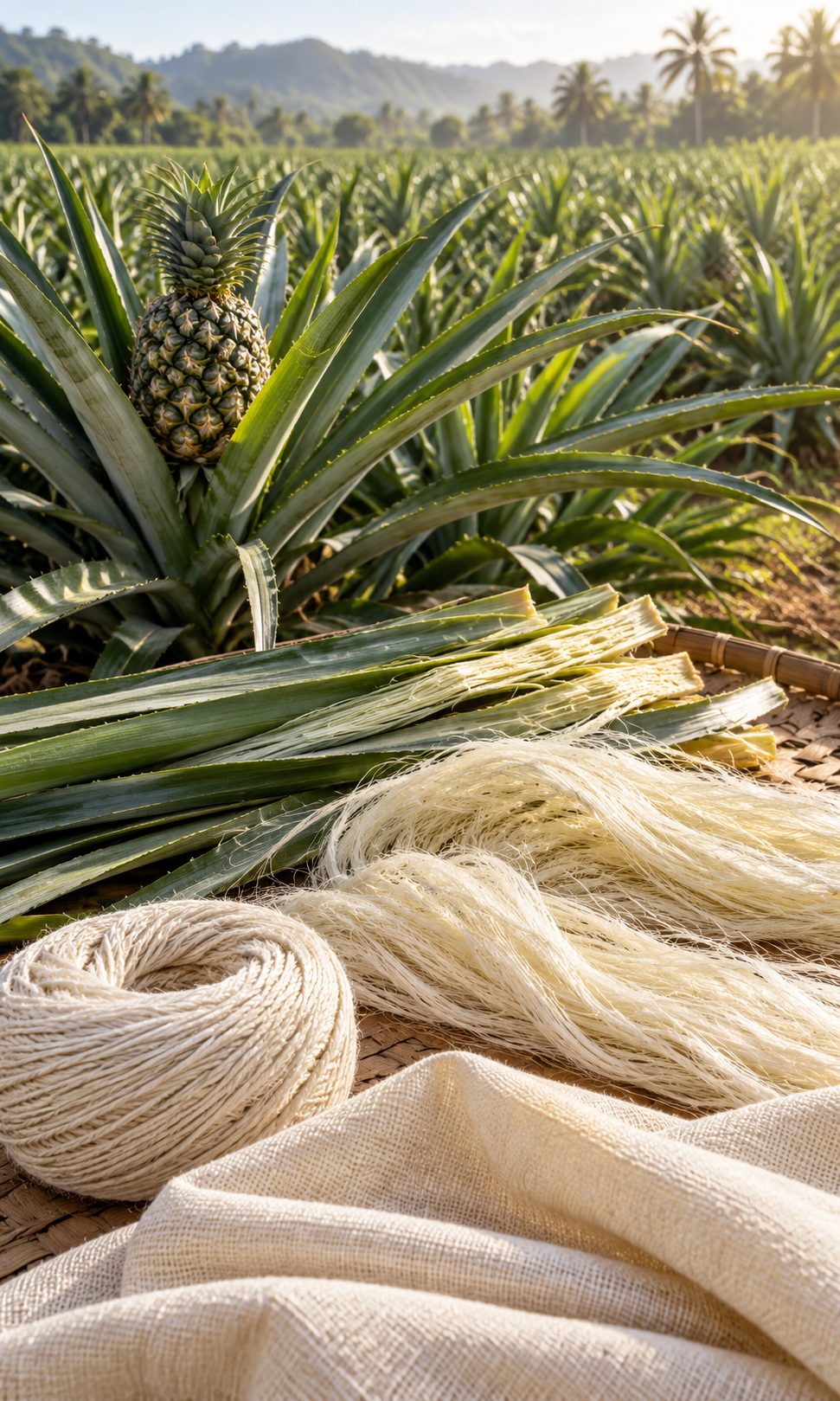 Pineapple field, harvested leaves, natural fibres, yarn and textile