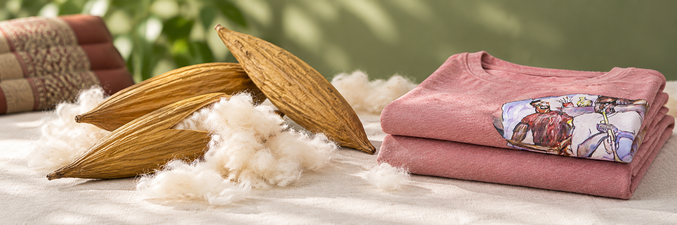 Kapok pods, natural kapok fibre and a folded contemporary garment