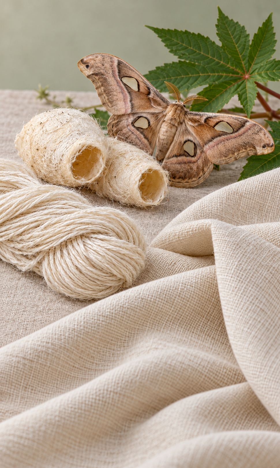 Eri silk moth beside open-ended cocoons, spun yarn and natural textile